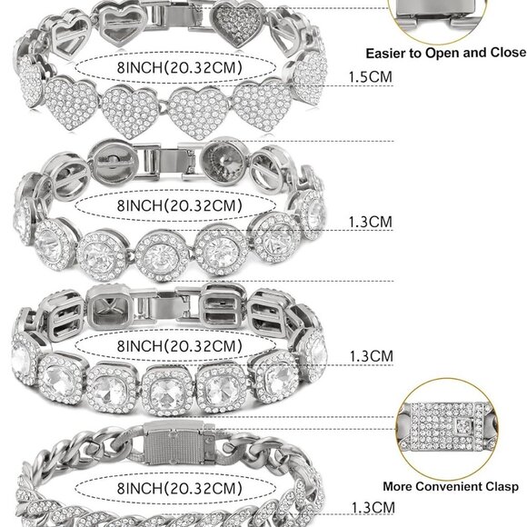 4PCS Gold Bracelets for Women Silver Clustered Tennis Bracelet for Women Heart R - Picture 7 of 7